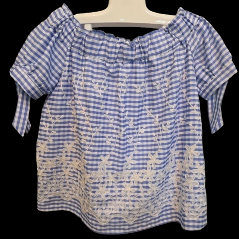 Jade Melody Tam Like New Blue Gingham Off-Shoulder Blouse With Tie Sleeves